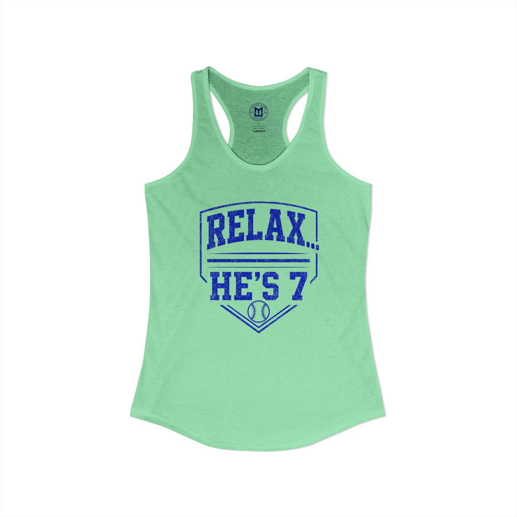 Relax He's 7 Baseball Mom Racerback Tank - Blue