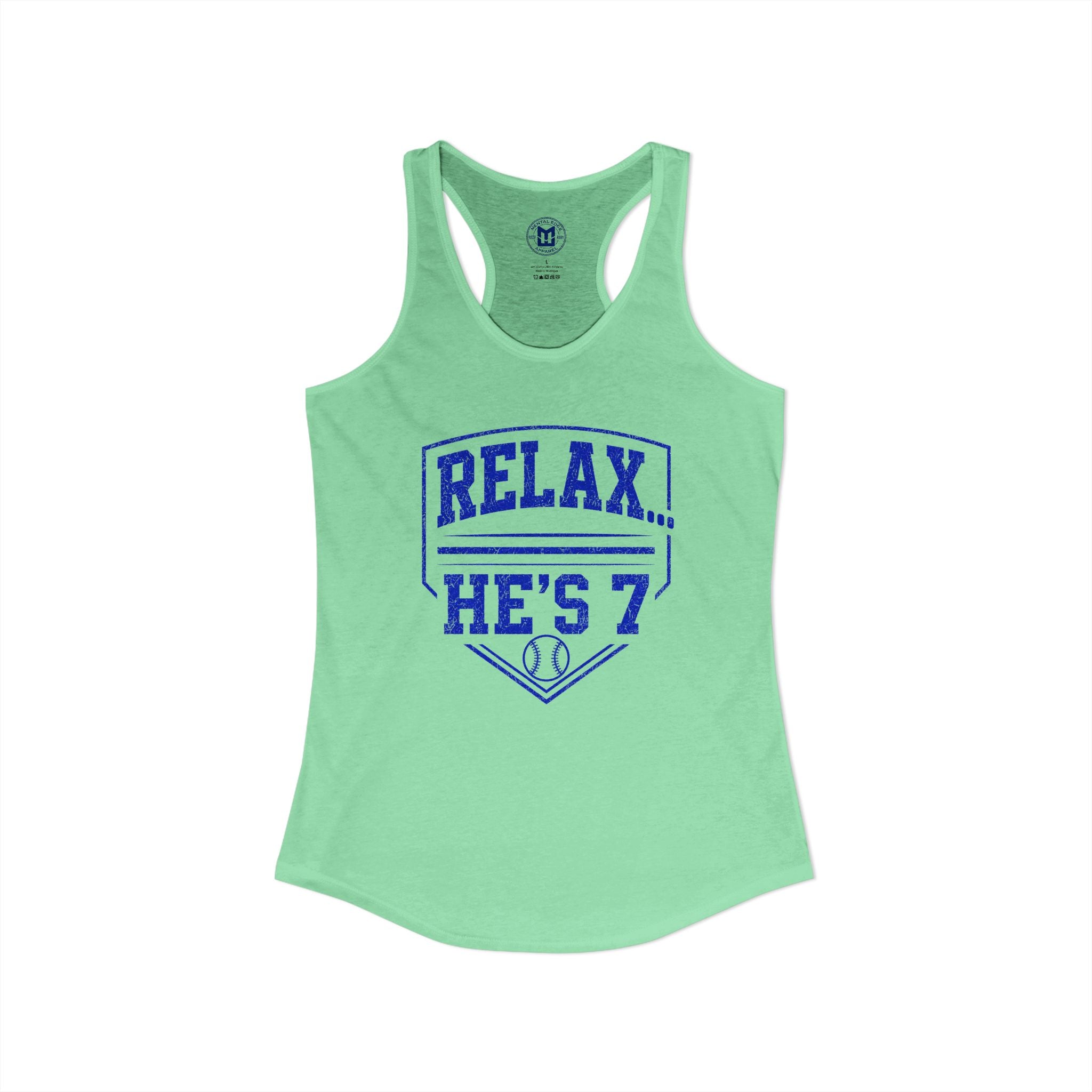 Relax He's 7 Baseball Mom Racerback Tank - Blue