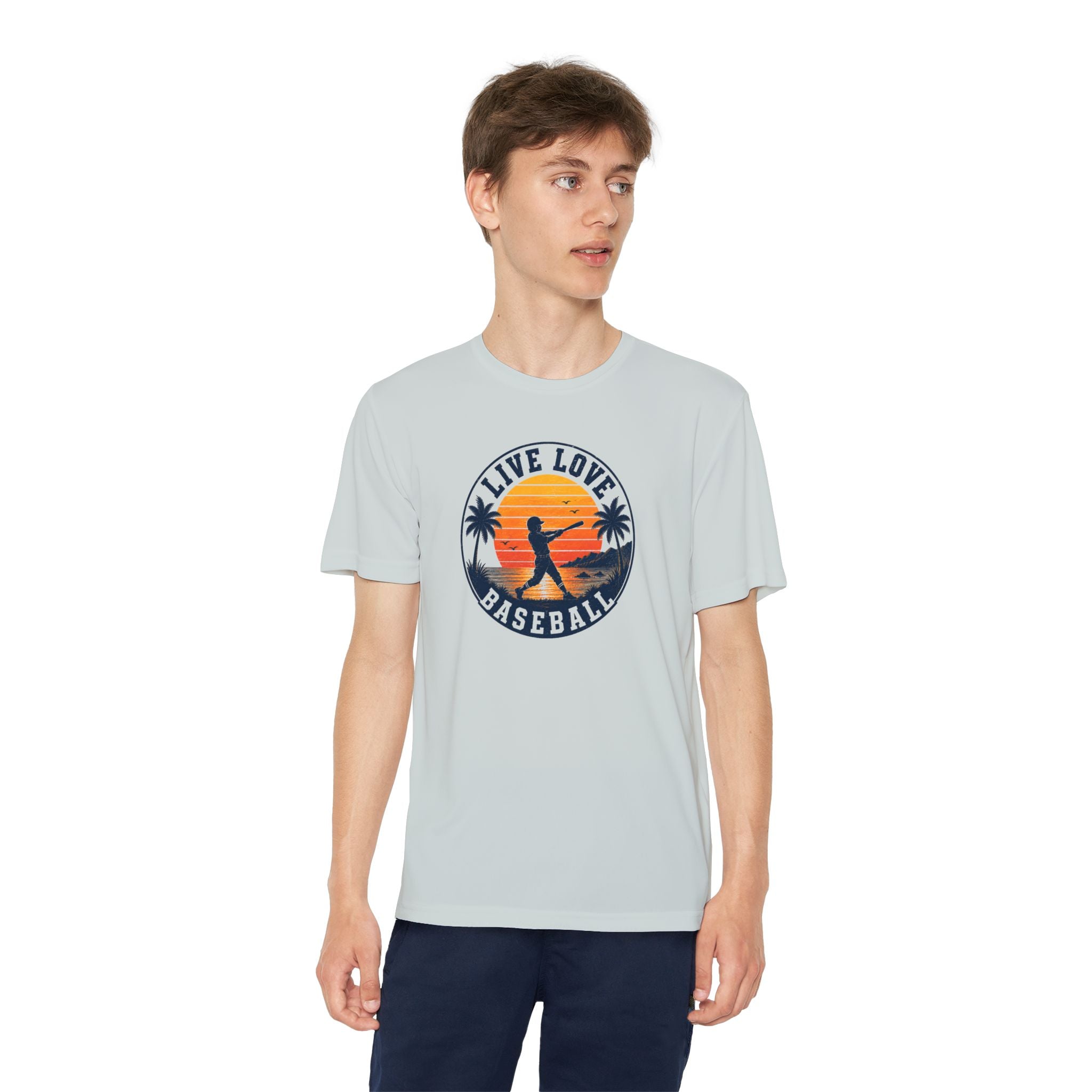 Live Love Baseball Youth Dri Fit Tee — Sunset Palm Baseball Player Shirt