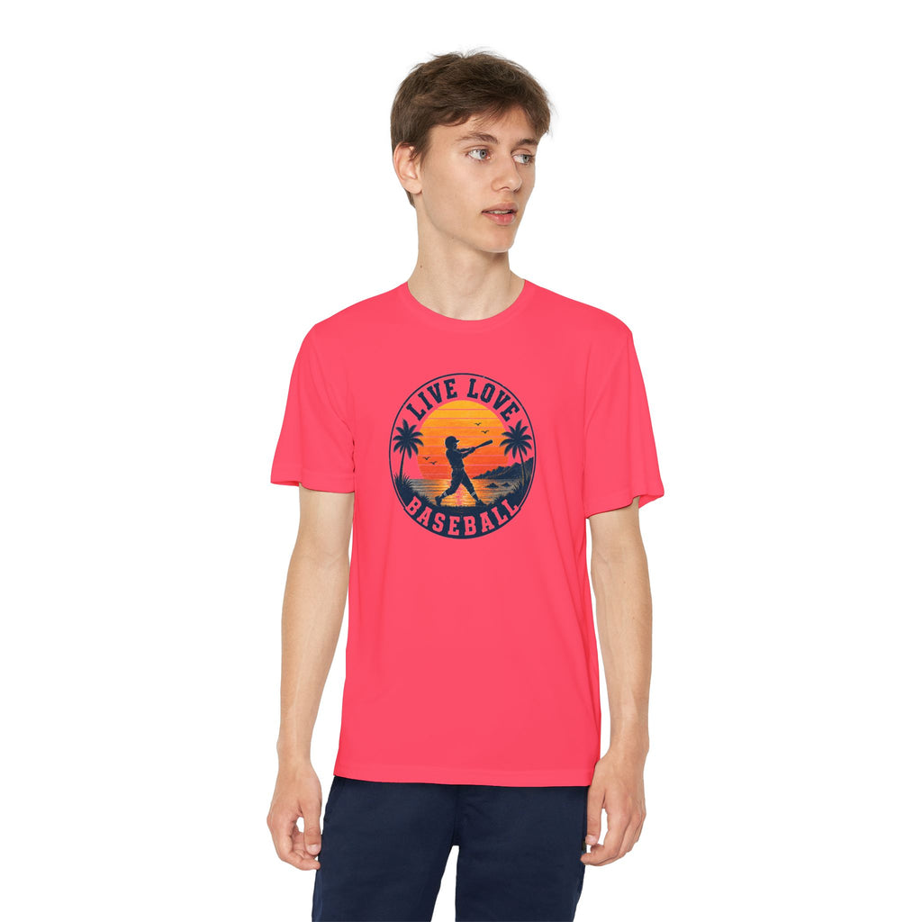 Live Love Baseball Youth Dri Fit Tee — Sunset Palm Baseball Player Shirt