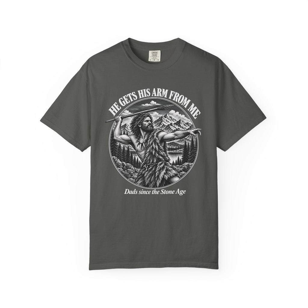 He Gets His Arm From Me Caveman Adult T-Shirt