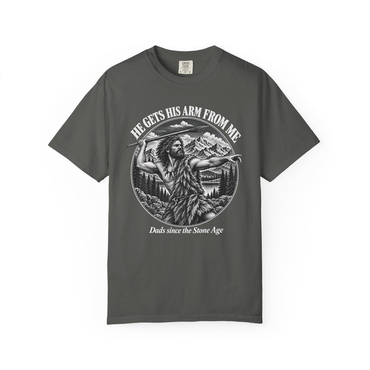 He Gets His Arm From Me Caveman Adult T-Shirt