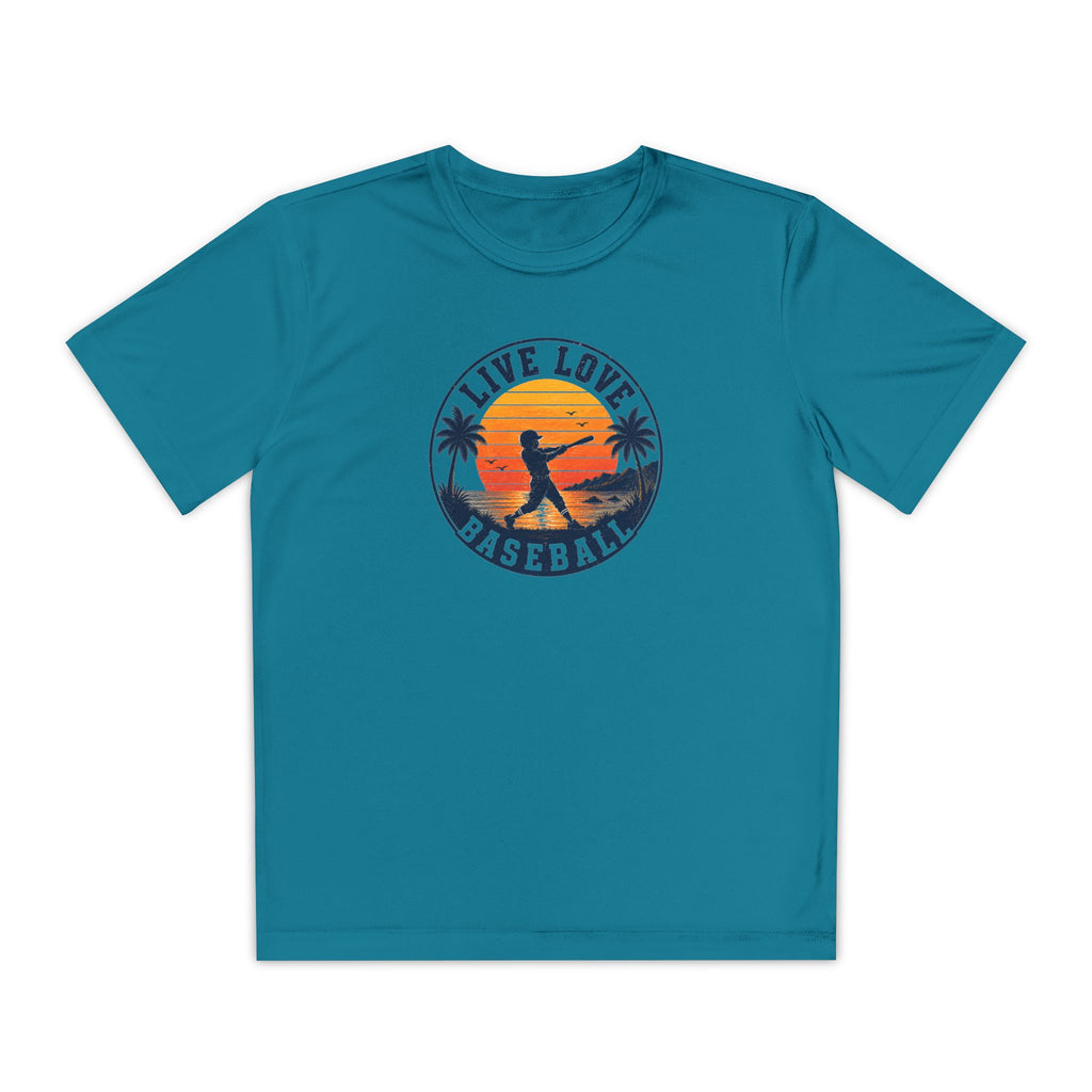 Live Love Baseball Youth Dri Fit Tee — Sunset Palm Baseball Player Shirt