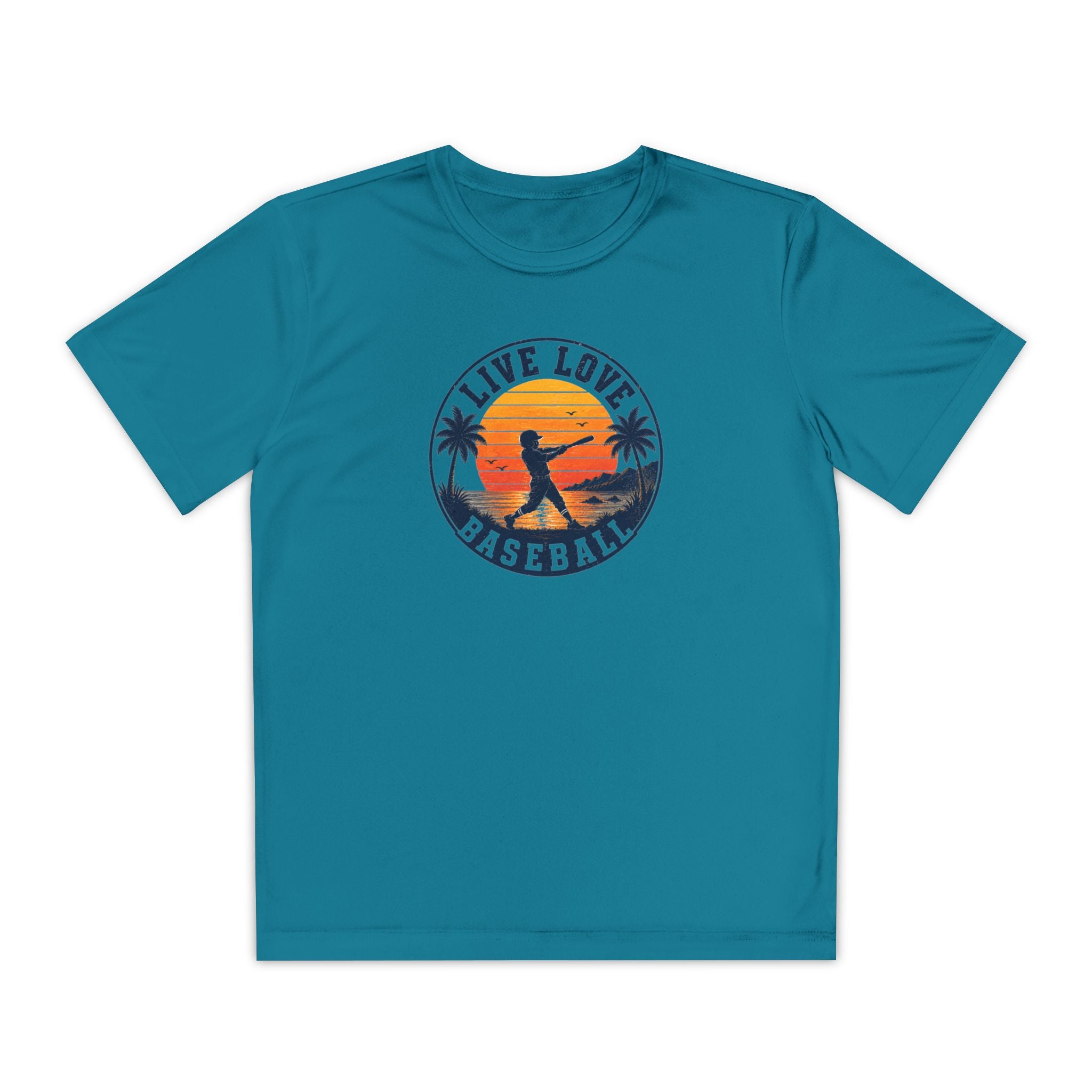 Live Love Baseball Youth Dri Fit Tee — Sunset Palm Baseball Player Shirt