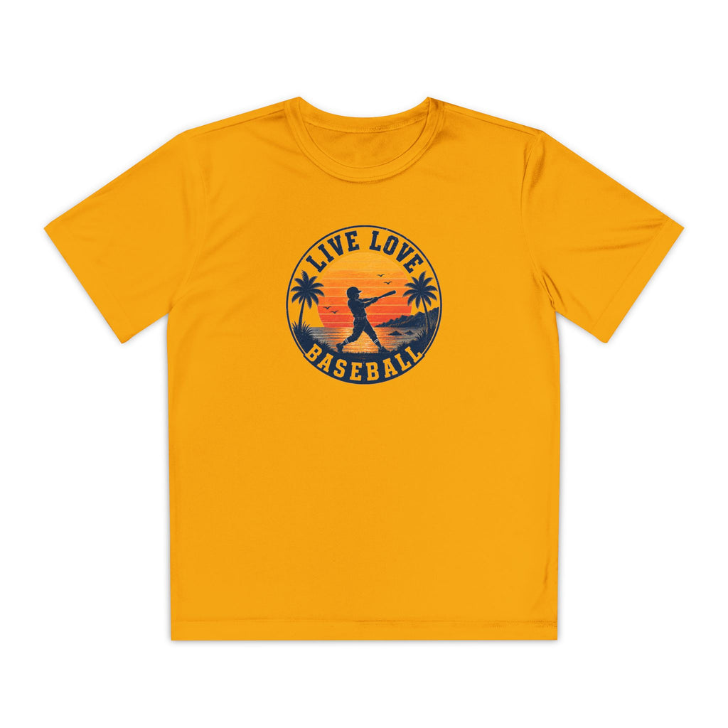 Live Love Baseball Youth Dri Fit Tee — Sunset Palm Baseball Player Shirt