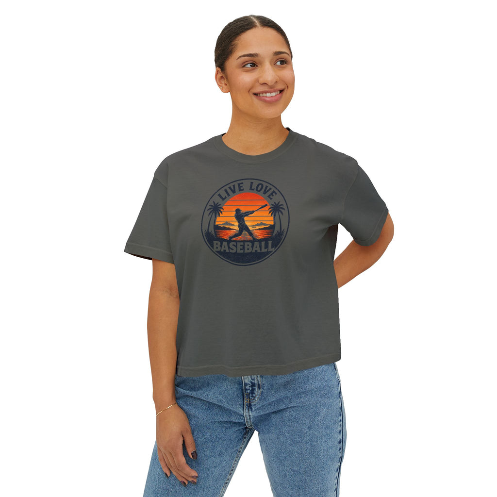 Live Love Baseball Women's Boxy Tee – Retro Sunset Palm Baseball Shirt
