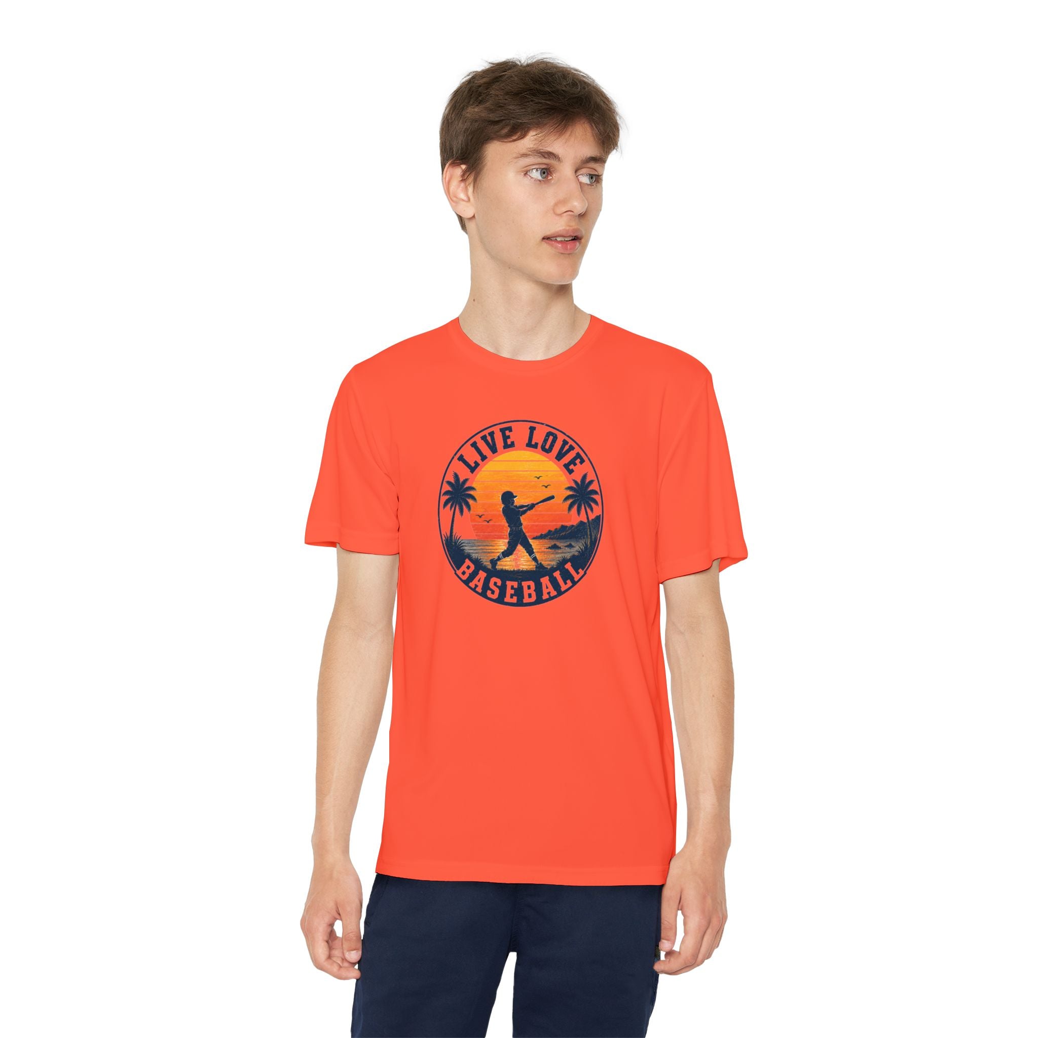 Live Love Baseball Youth Dri Fit Tee — Sunset Palm Baseball Player Shirt