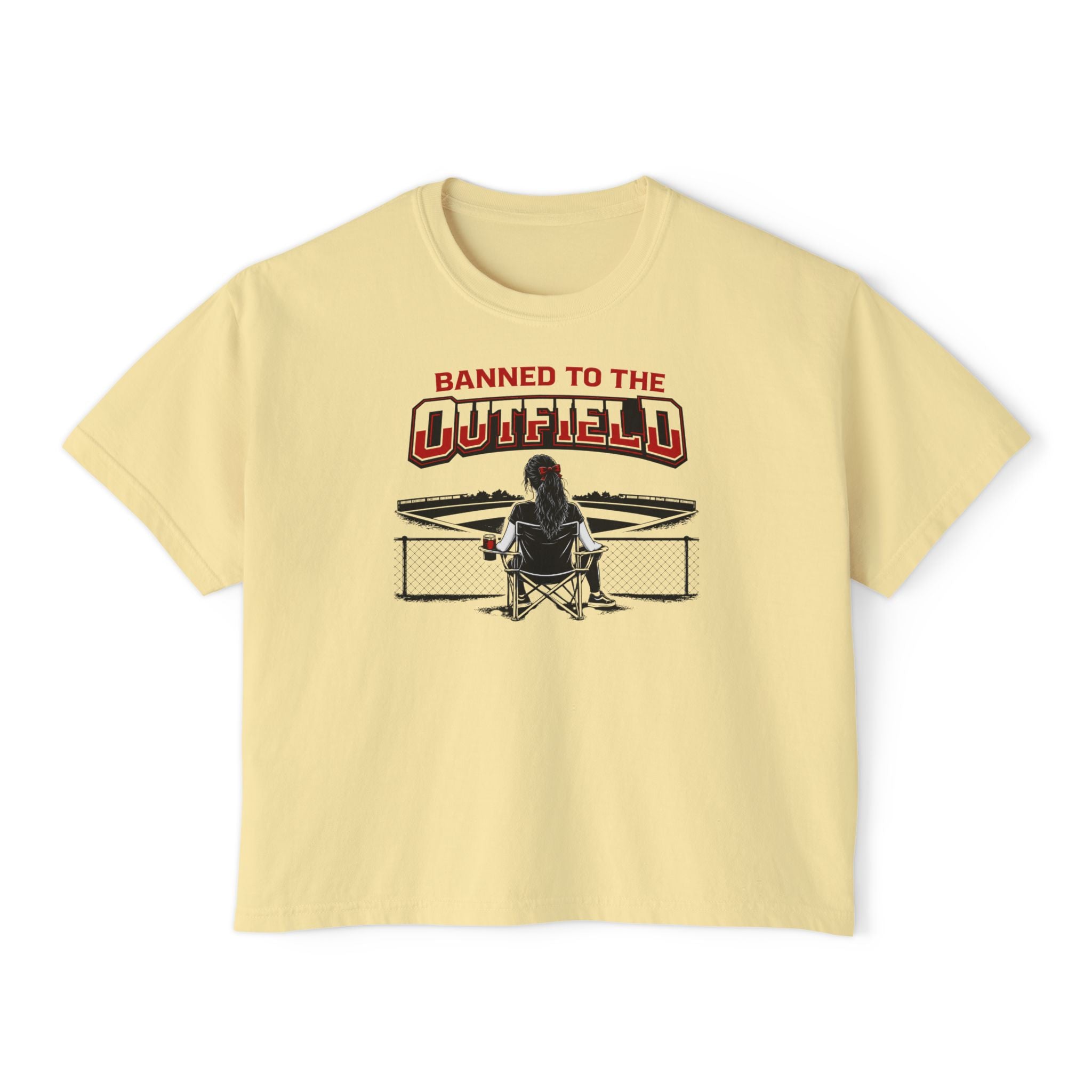 Banned to the Outfield Women's Boxy Tee – Baseball Mom/Fan Graphic Shirt