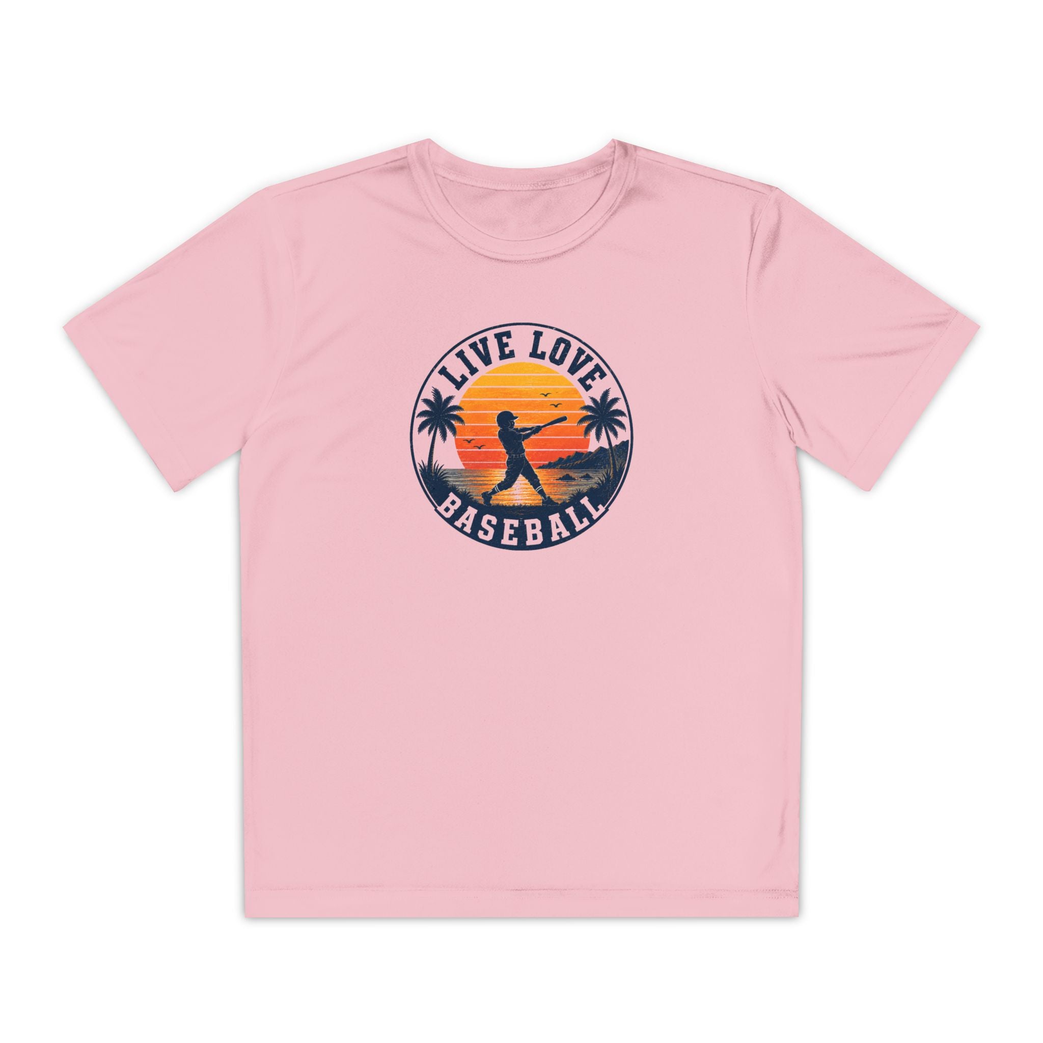 Live Love Baseball Youth Dri Fit Tee — Sunset Palm Baseball Player Shirt
