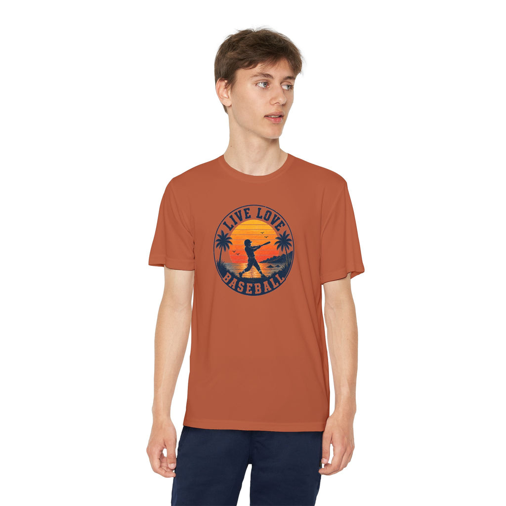 Live Love Baseball Youth Dri Fit Tee — Sunset Palm Baseball Player Shirt