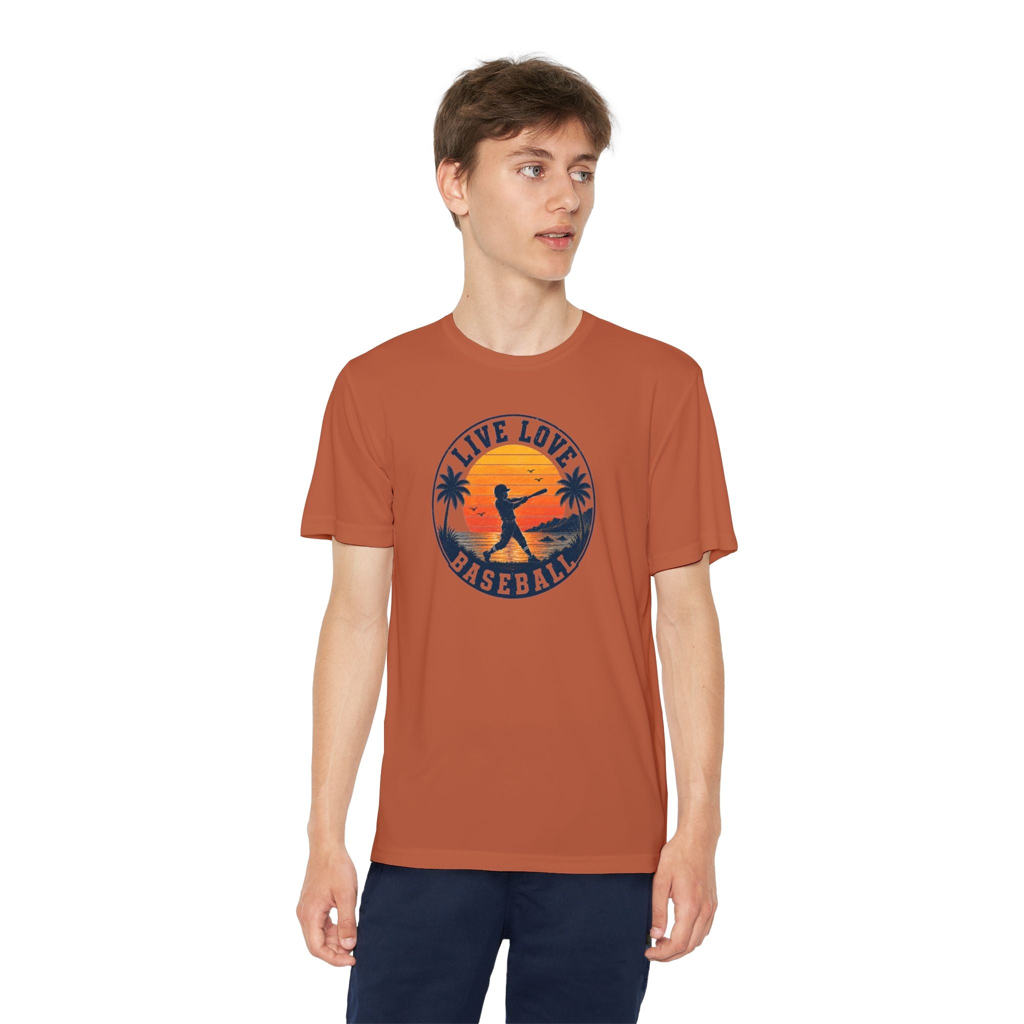 Live Love Baseball Youth Dri Fit Tee — Sunset Palm Baseball Player Shirt