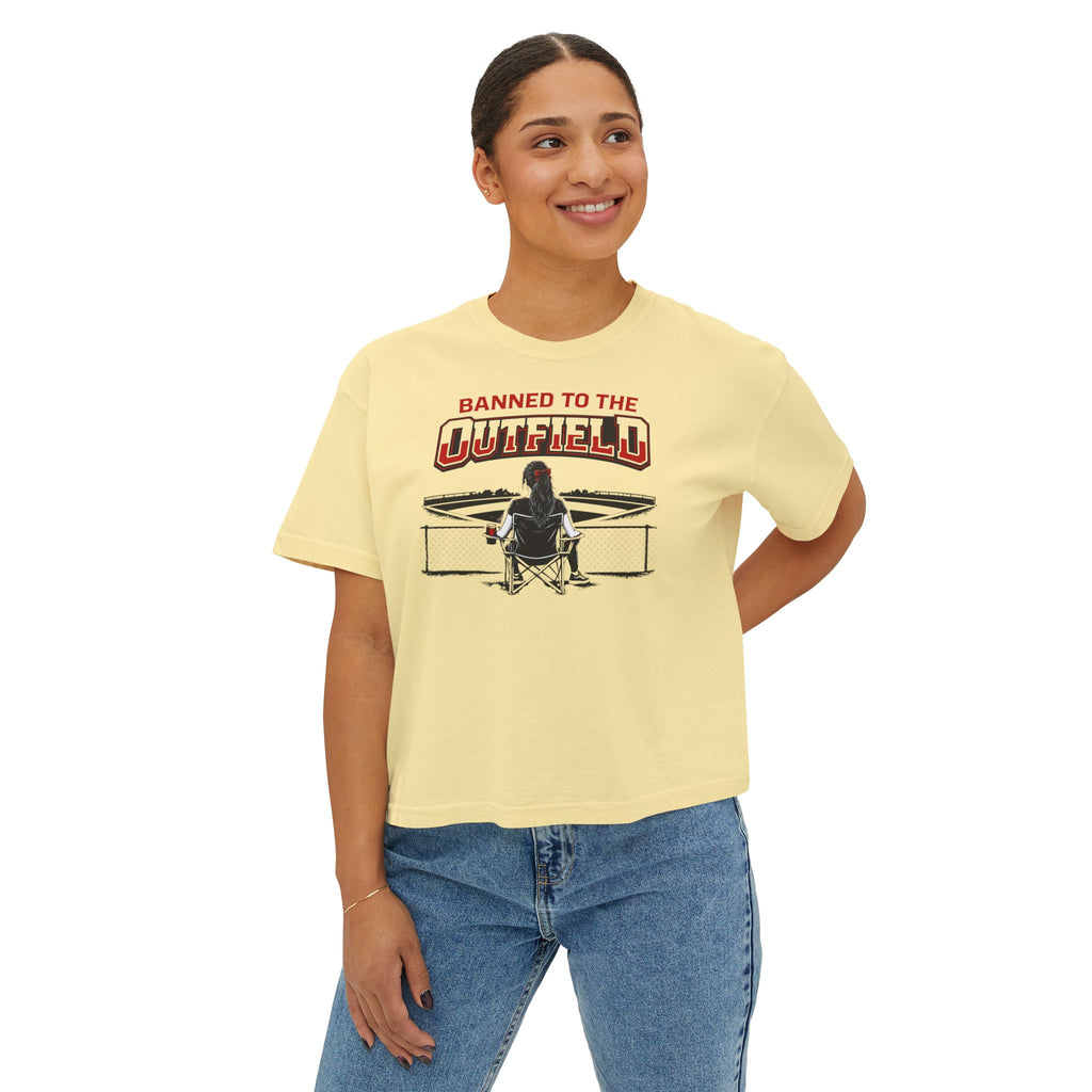 Banned to the Outfield Women's Boxy Tee – Baseball Mom/Fan Graphic Shirt