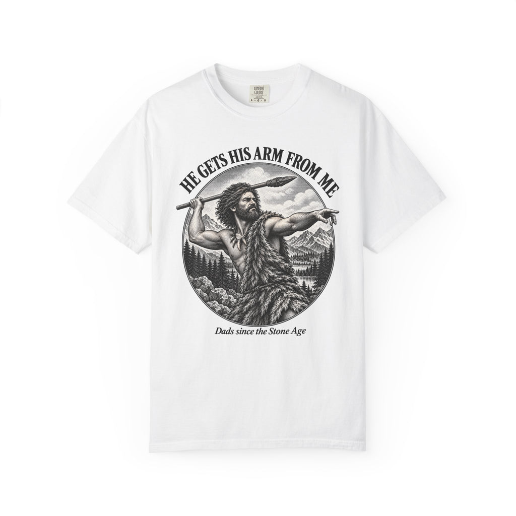 He Gets His Arm From Me Caveman Adult T-Shirt
