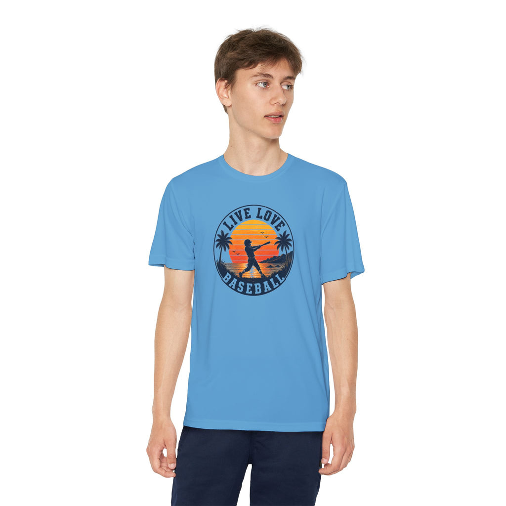 Live Love Baseball Youth Dri Fit Tee — Sunset Palm Baseball Player Shirt