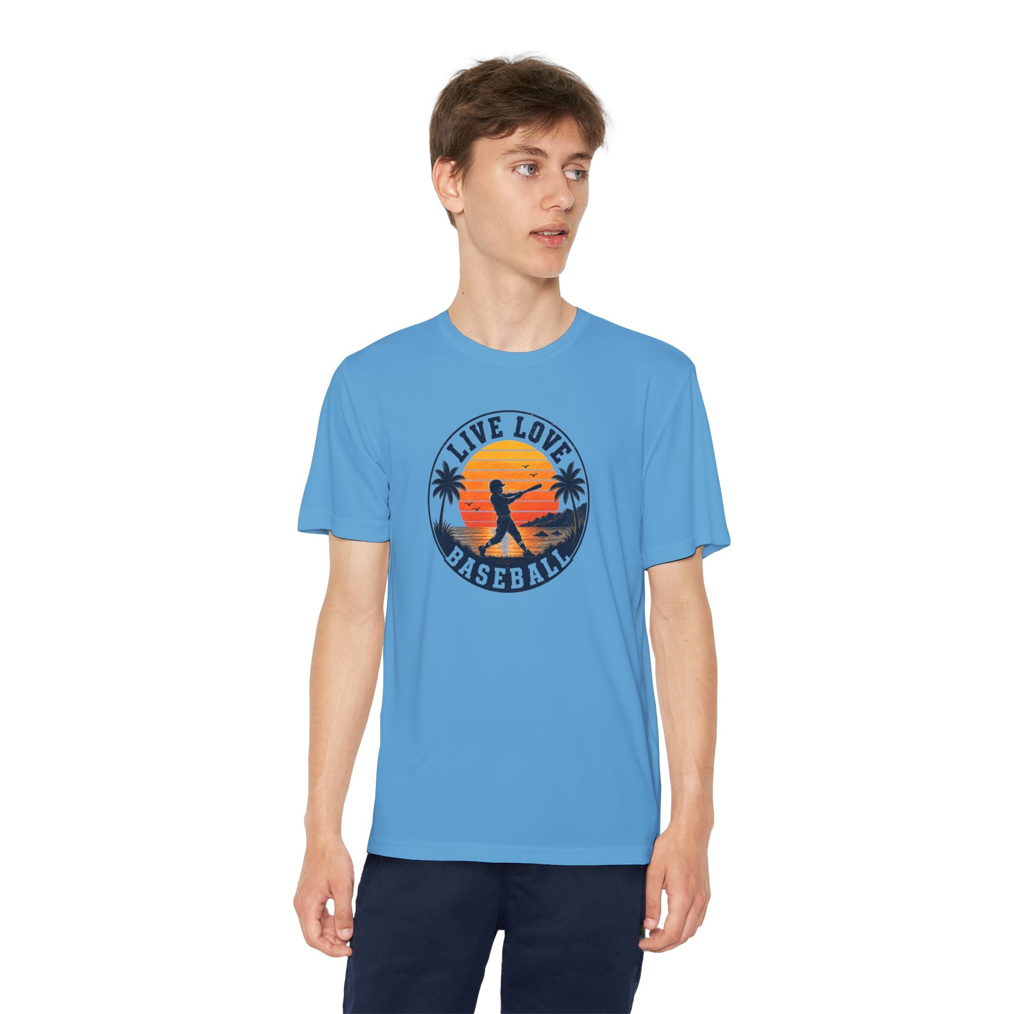 Live Love Baseball Youth Dri Fit Tee — Sunset Palm Baseball Player Shirt