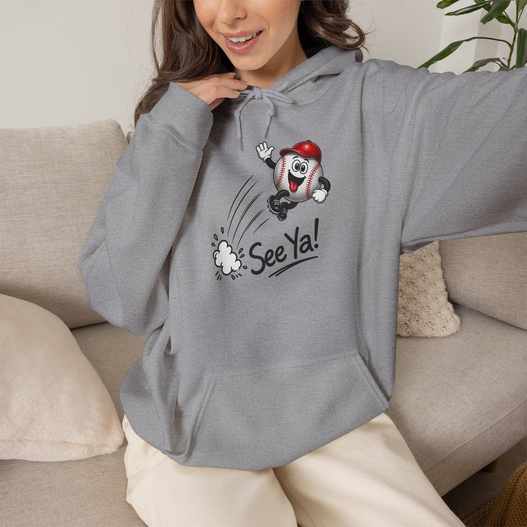 See Ya! Baseball Heater Character Hoodie — Retro Baseball Graphic Pullover