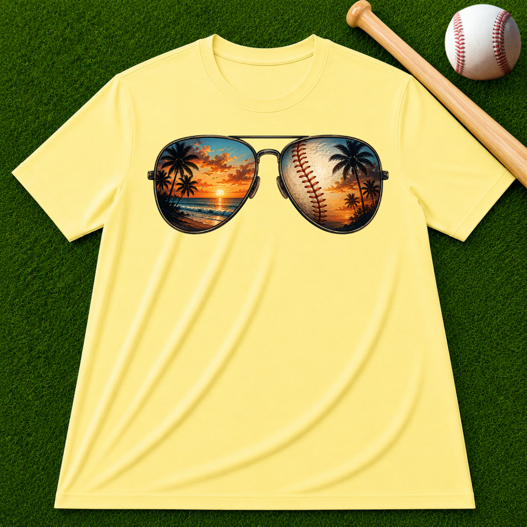 Sunglass Sunset Baseball T-Shirt — Beach & Sports Graphic Tee