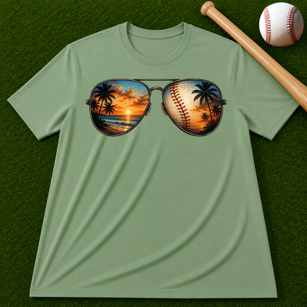 Sunglass Sunset Baseball T-Shirt — Beach & Sports Graphic Tee