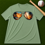 Sunglass Sunset Baseball T-Shirt — Beach & Sports Graphic Tee