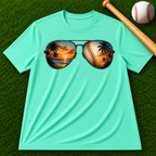 Sunglass Sunset Baseball T-Shirt — Beach & Sports Graphic Tee