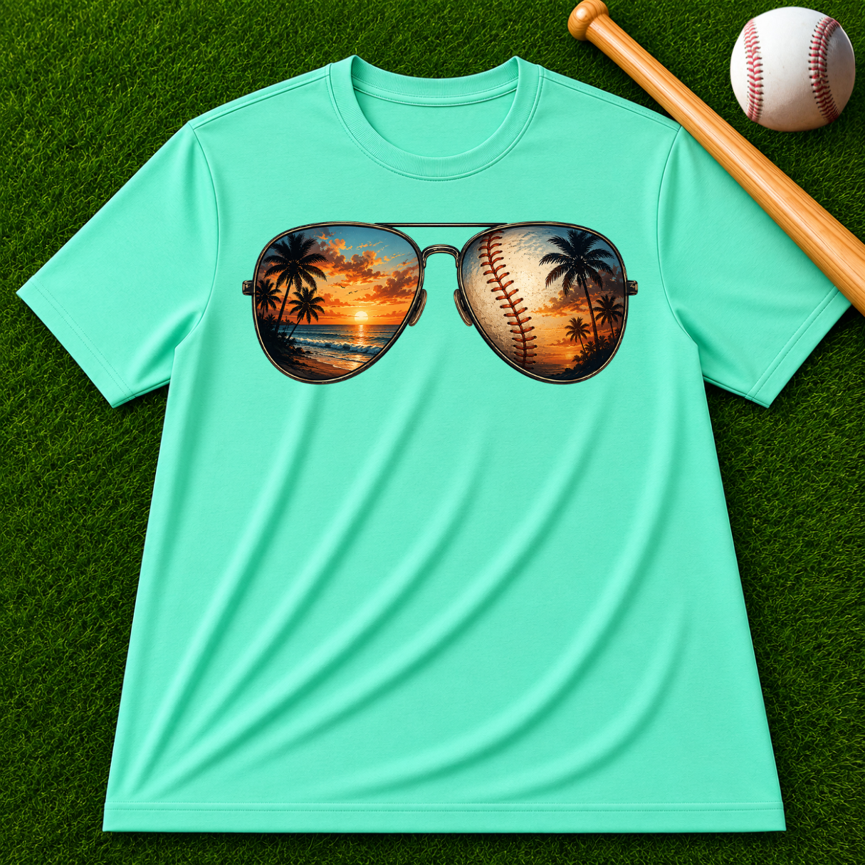 Sunglass Sunset Baseball T-Shirt — Beach & Sports Graphic Tee