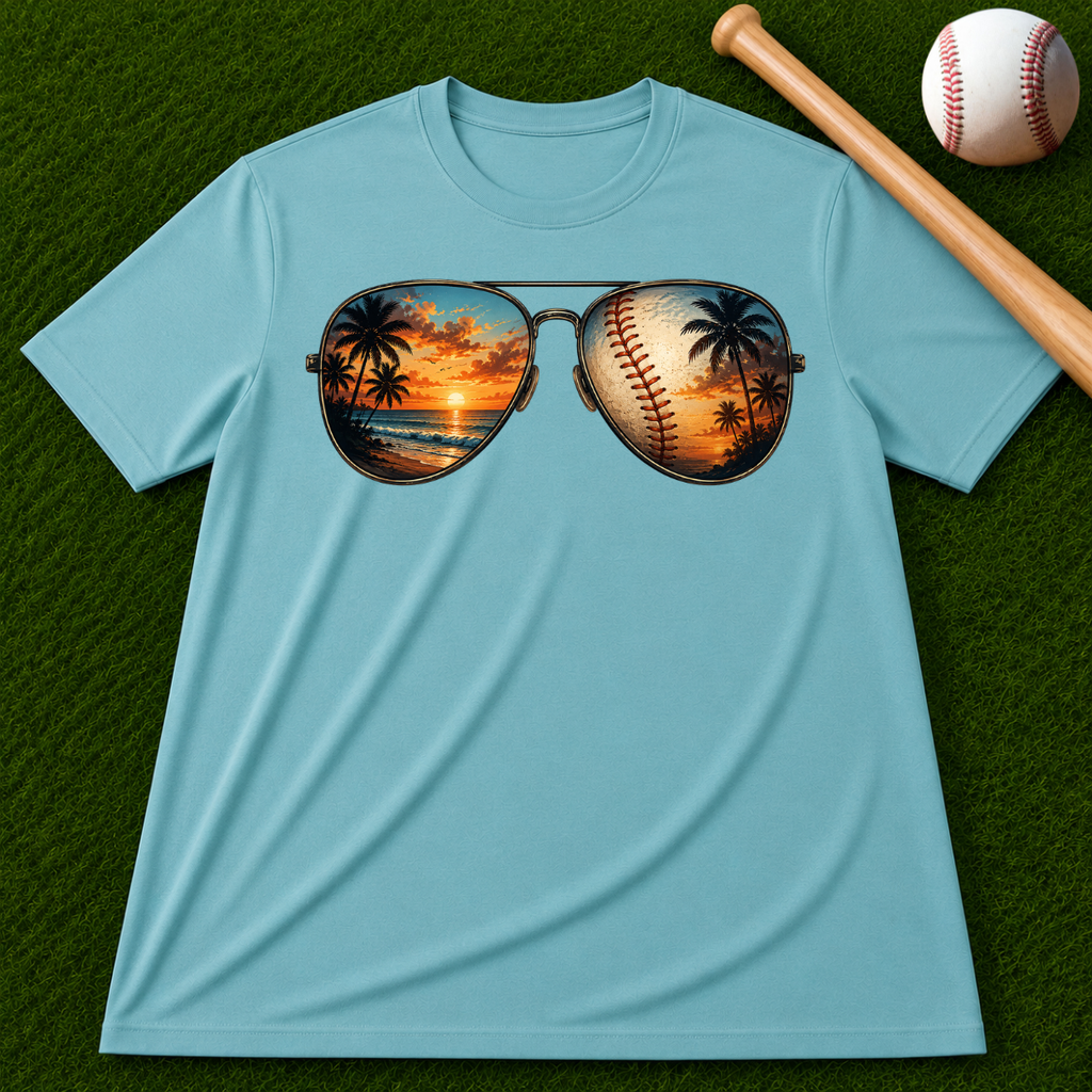 Sunglass Sunset Baseball T-Shirt — Beach & Sports Graphic Tee