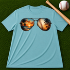 Sunglass Sunset Baseball T-Shirt — Beach & Sports Graphic Tee