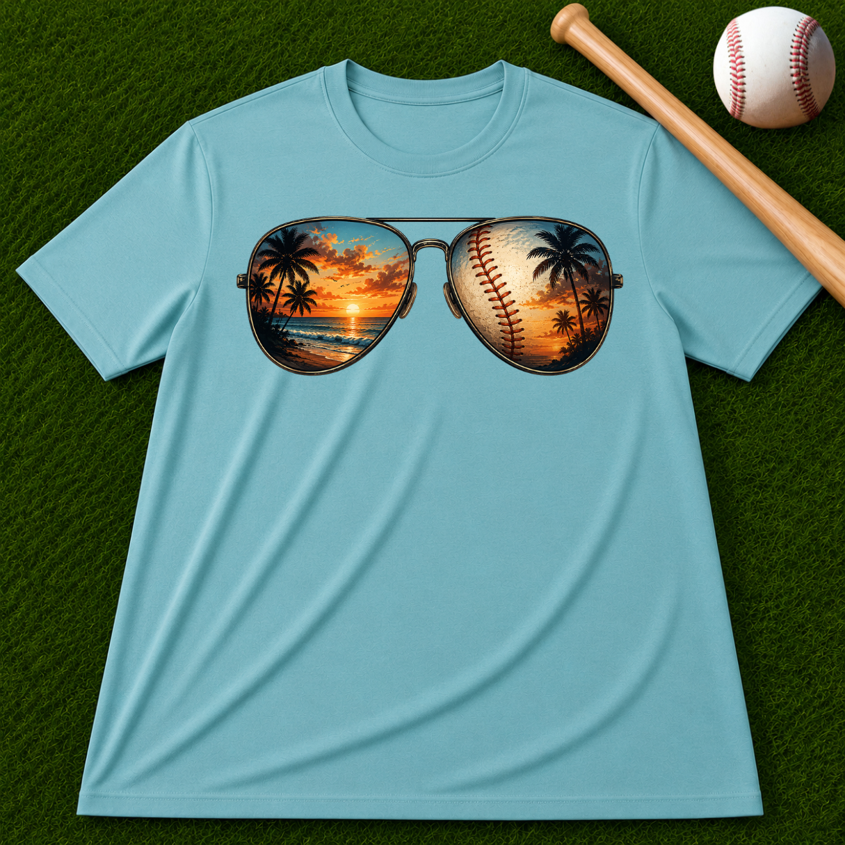 Sunglass Sunset Baseball T-Shirt — Beach & Sports Graphic Tee
