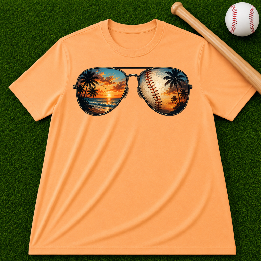 Sunglass Sunset Baseball T-Shirt — Beach & Sports Graphic Tee