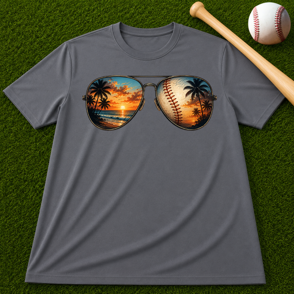 Sunglass Sunset Baseball T-Shirt — Beach & Sports Graphic Tee