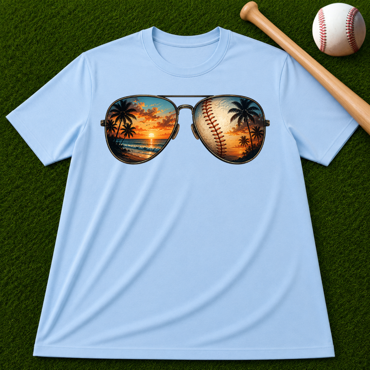 Sunglass Sunset Baseball T-Shirt — Beach & Sports Graphic Tee