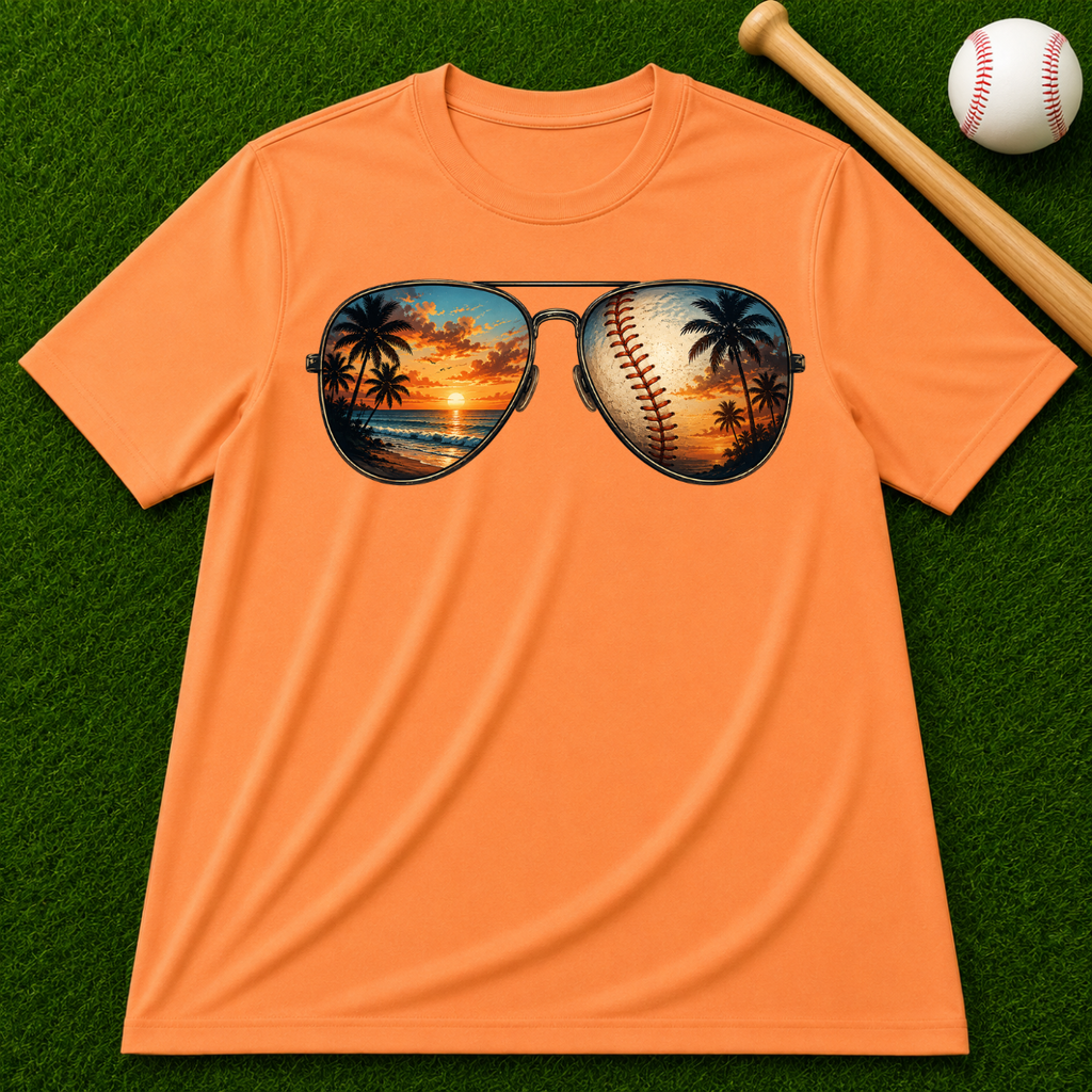 Sunglass Sunset Baseball T-Shirt — Beach & Sports Graphic Tee