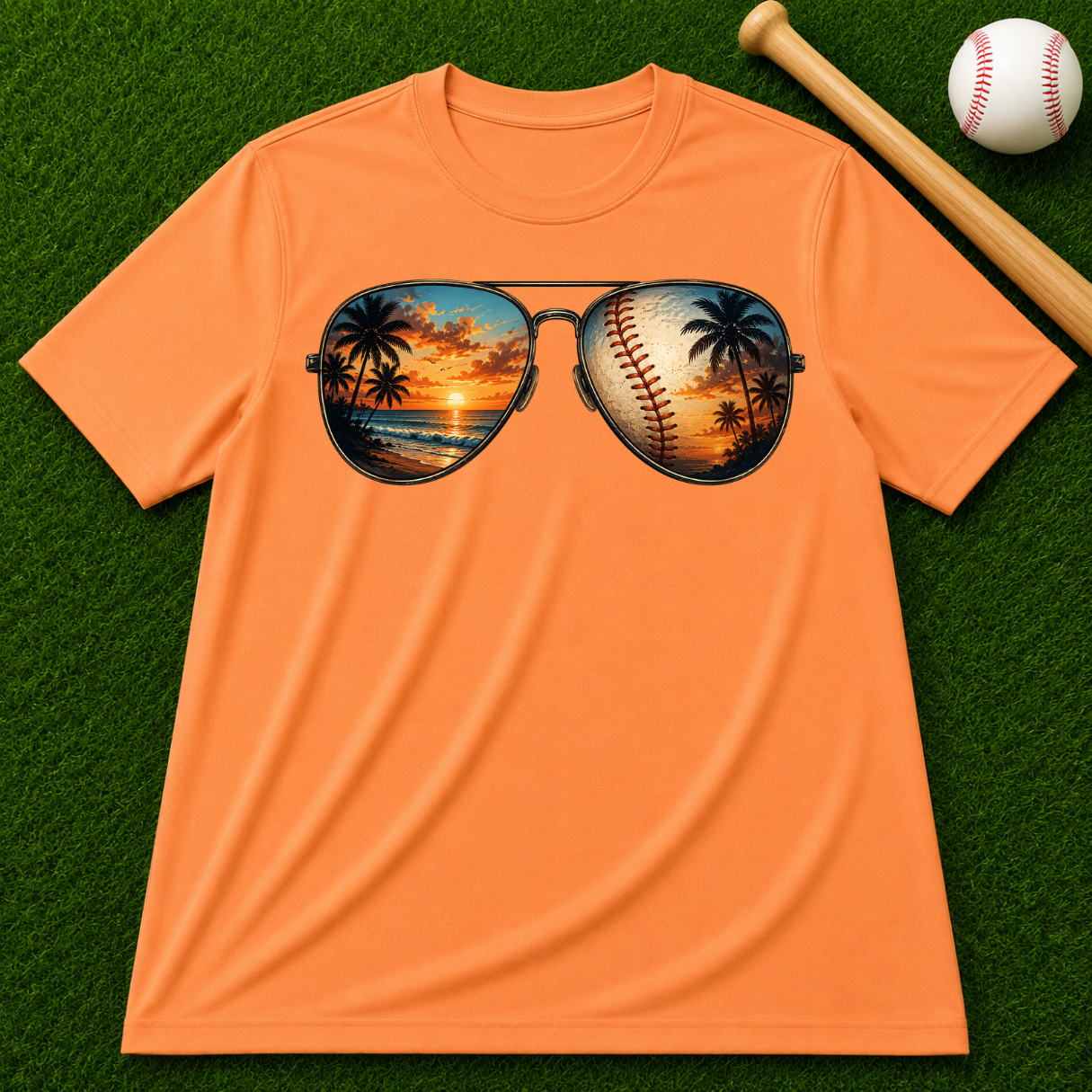 Sunglass Sunset Baseball T-Shirt — Beach & Sports Graphic Tee