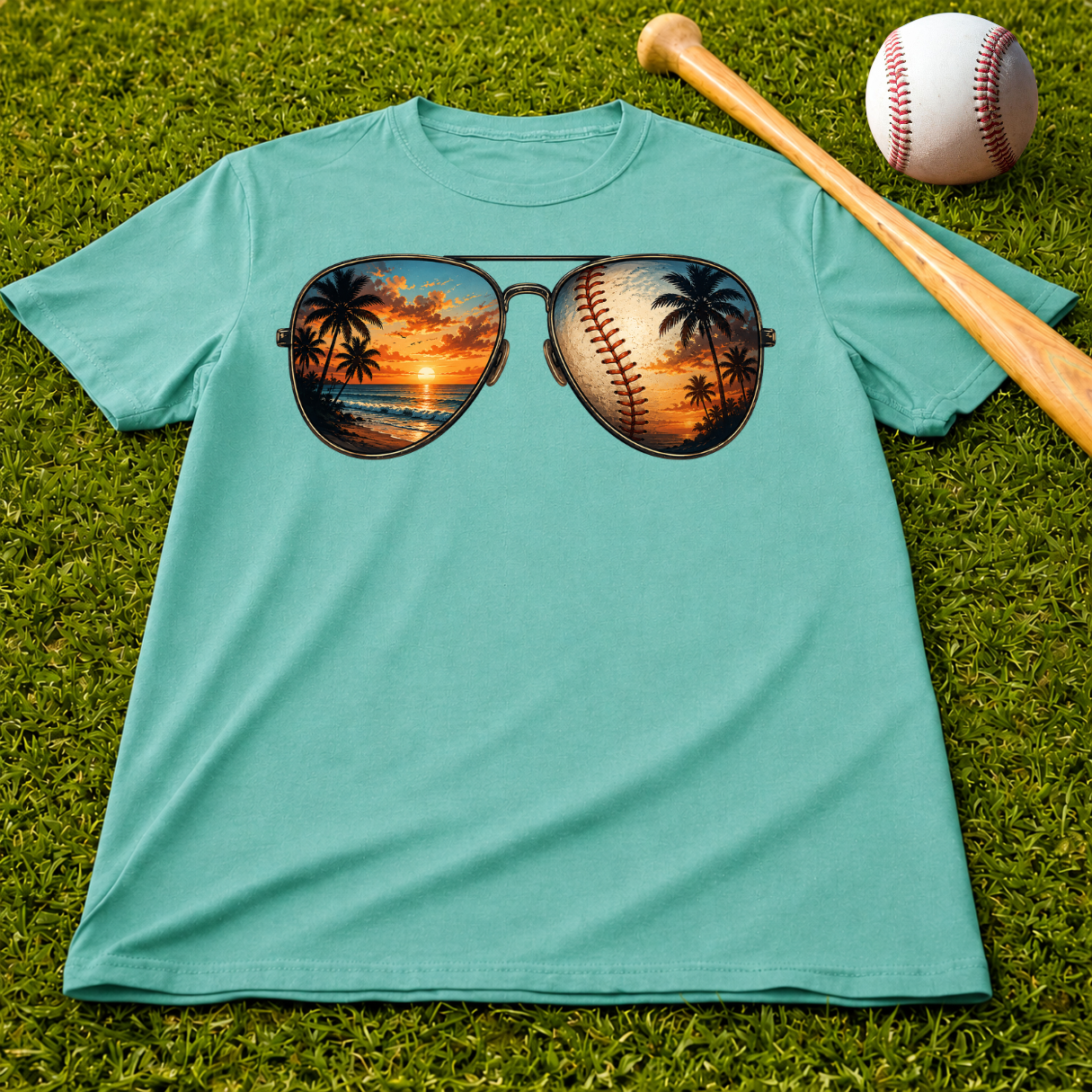Sunglass Sunset Baseball T-Shirt — Beach & Sports Graphic Tee