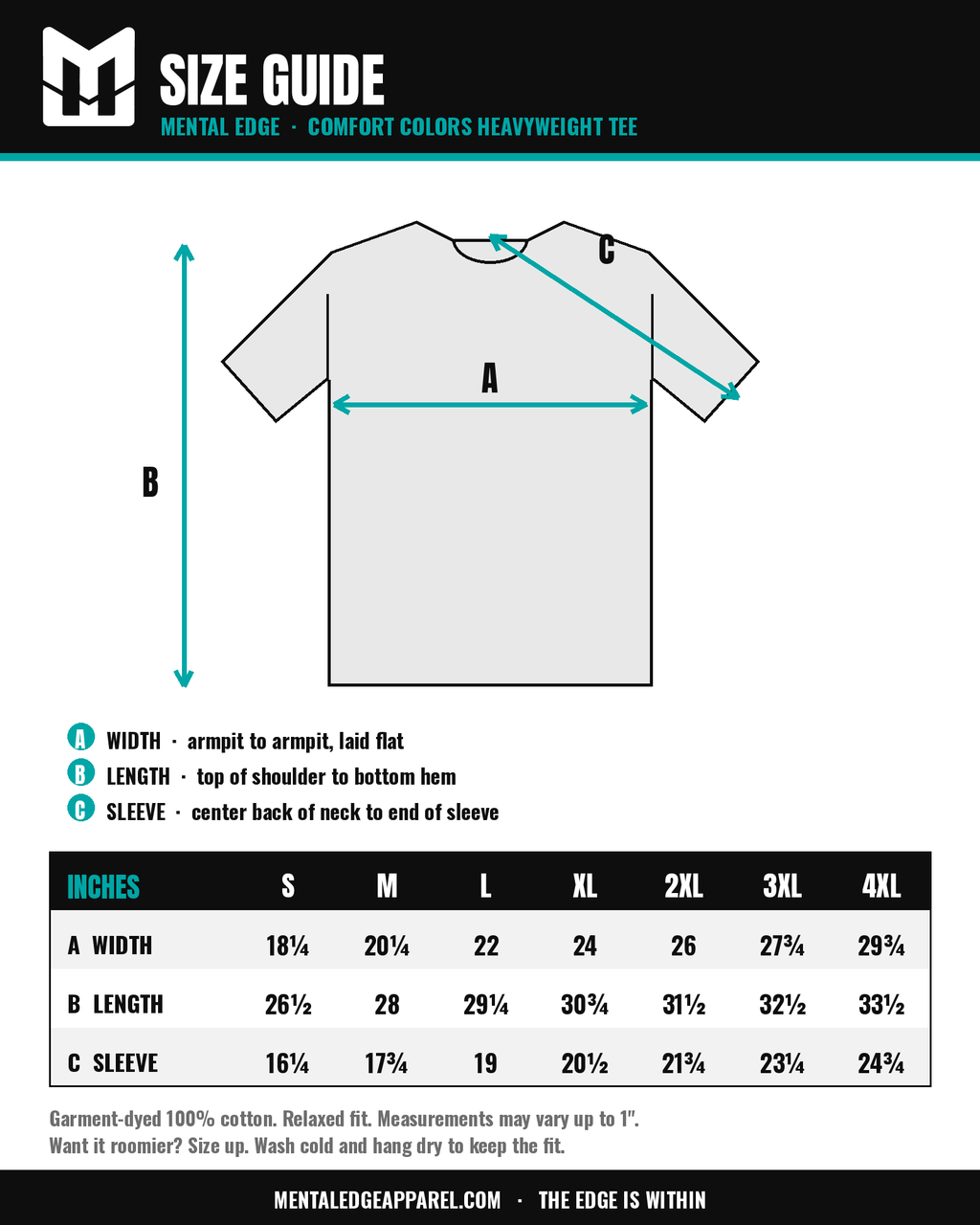 Comfort Colors 1717 tee size guide