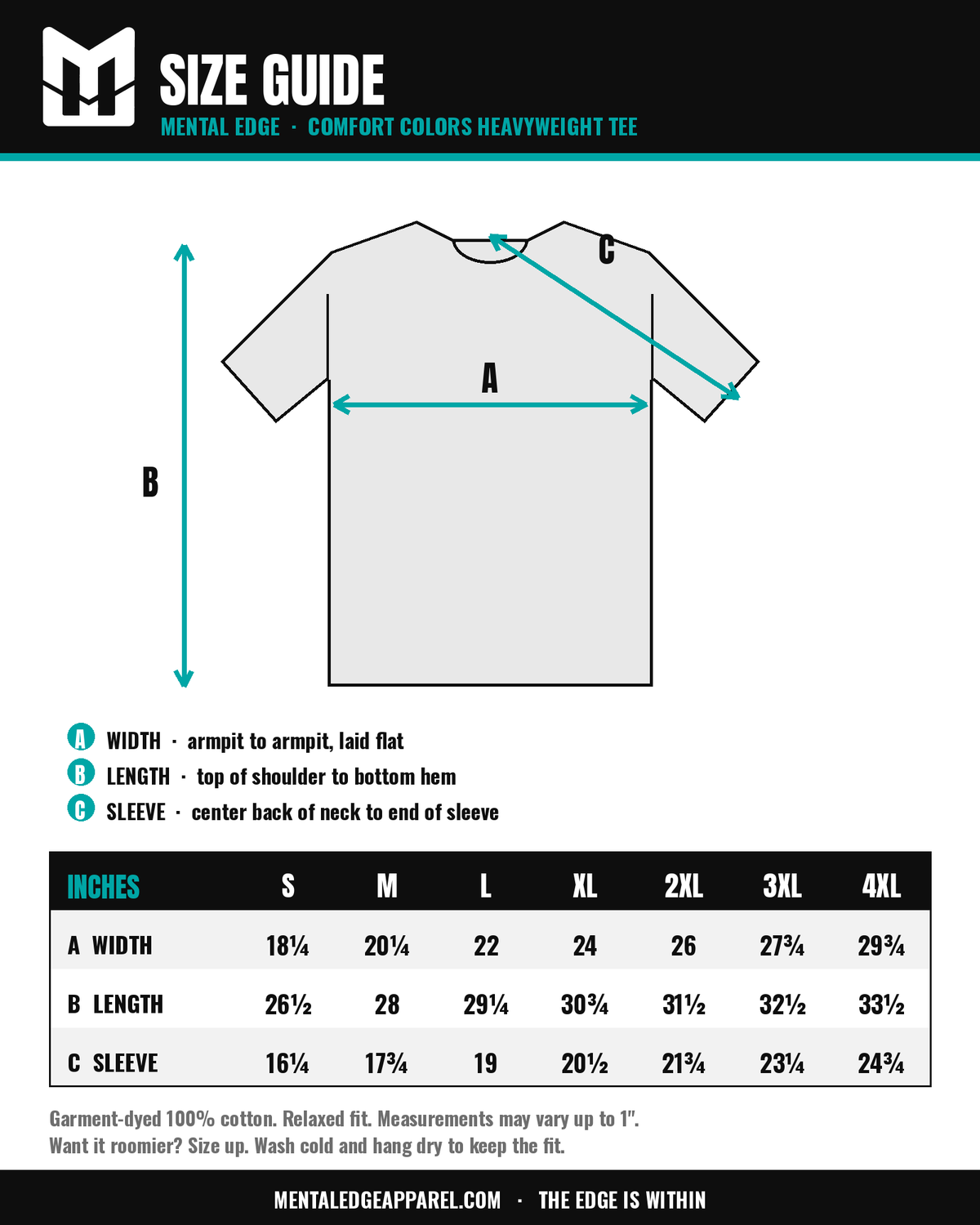 Comfort Colors 1717 tee size guide