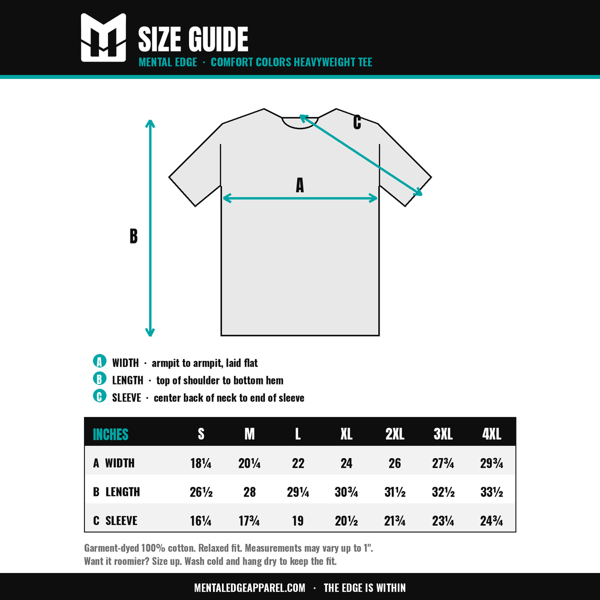 Comfort Colors 1717 tee size guide