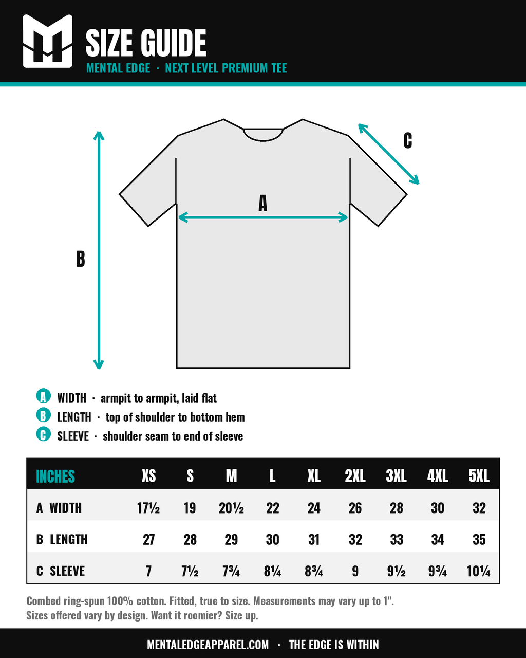 Next Level 3600 tee size guide