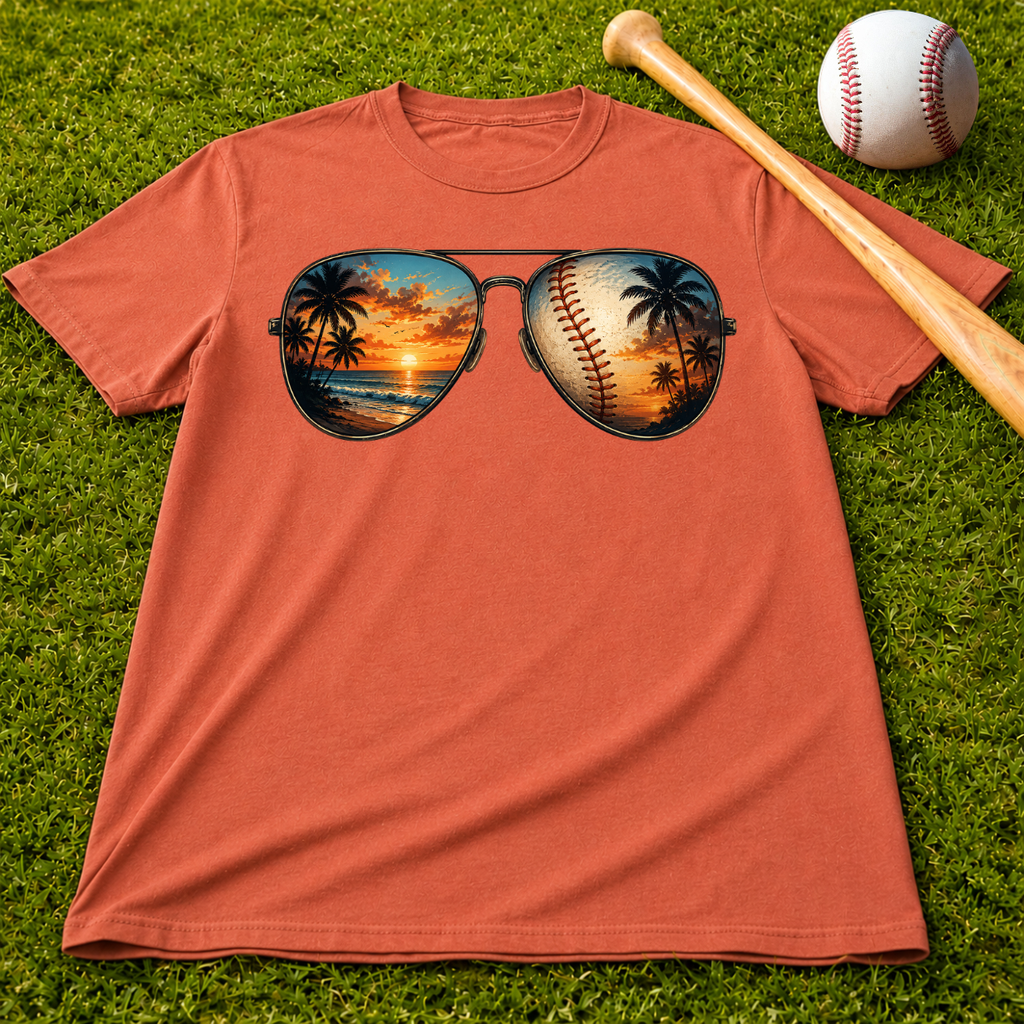 Sunglass Sunset Baseball T-Shirt — Beach & Sports Graphic Tee
