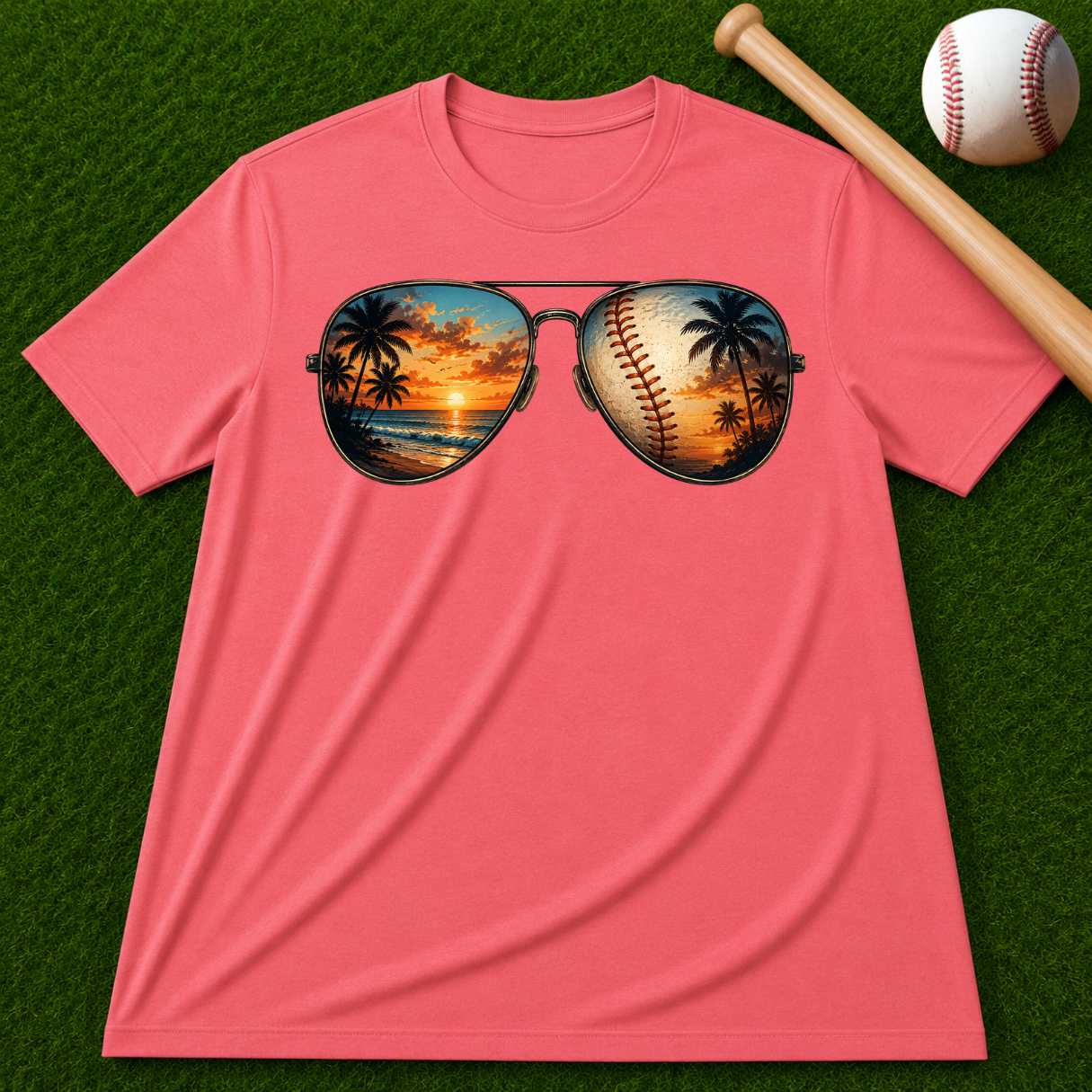 Sunglass Sunset Baseball T-Shirt — Beach & Sports Graphic Tee