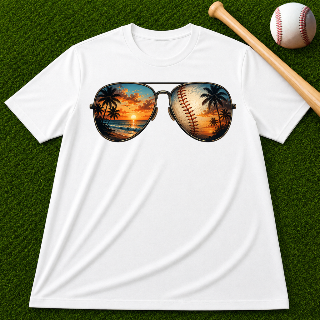 Sunglass Sunset Baseball T-Shirt — Beach & Sports Graphic Tee