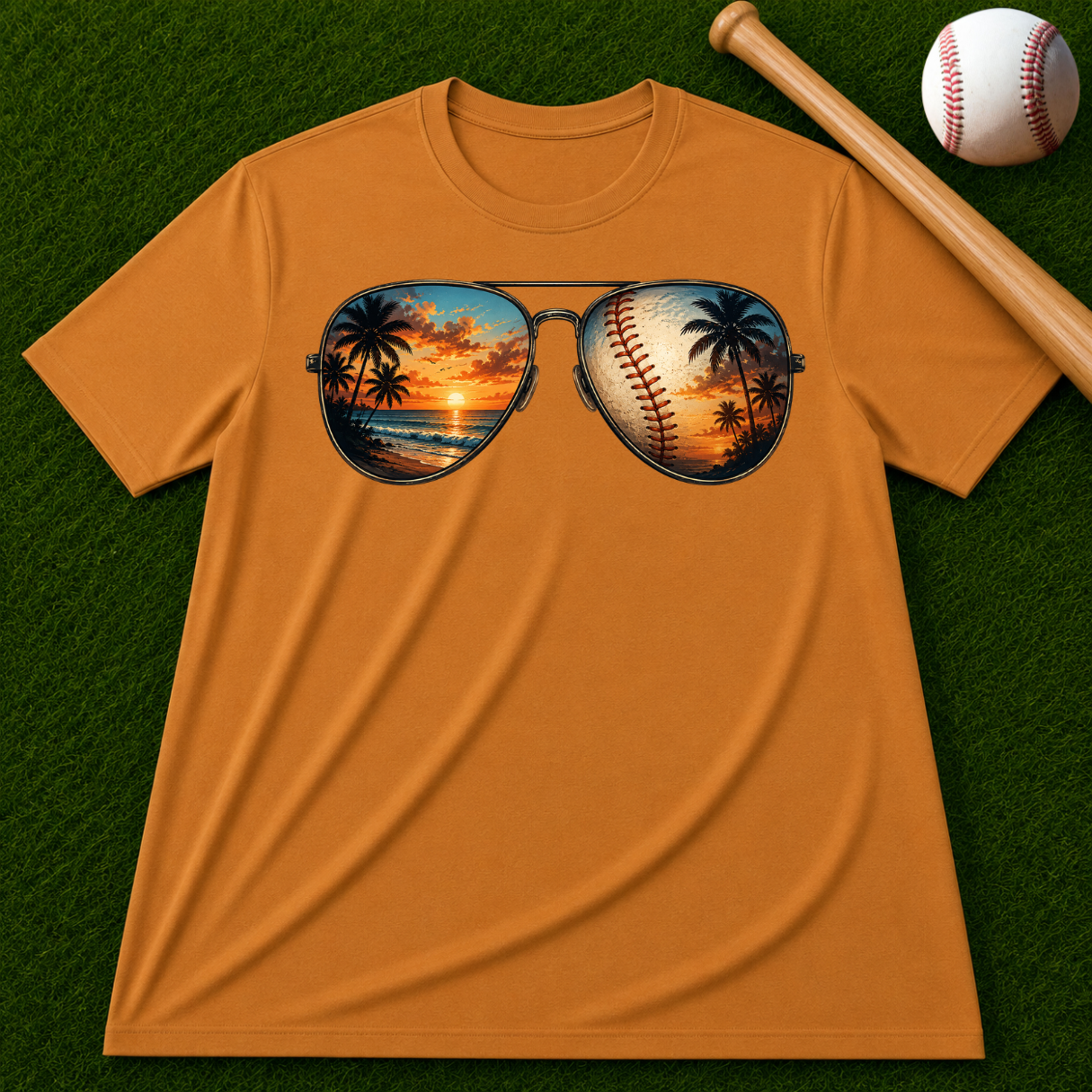 Sunglass Sunset Baseball T-Shirt — Beach & Sports Graphic Tee